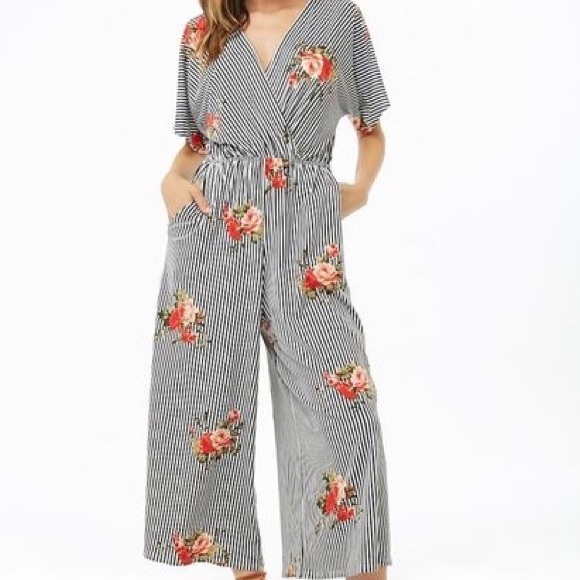 Vine & Love Pants - Striped Rose Print Jumpsuit